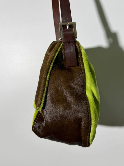 Vintage Fendi Ponyhair Mama Baguette Green/Brown Cow Print