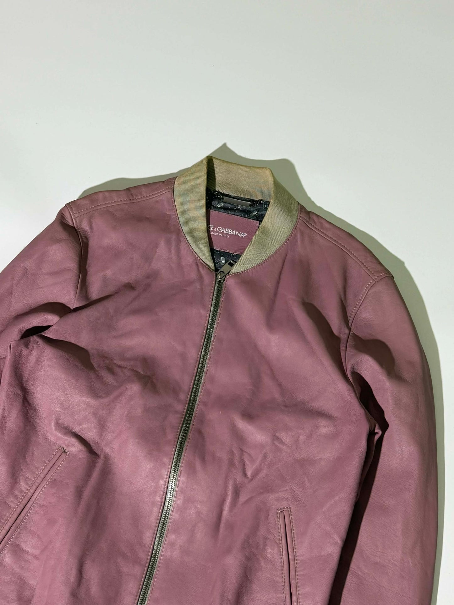 Dolce & Gabbana Dusty Pink Creased Leather Bomber Jacket