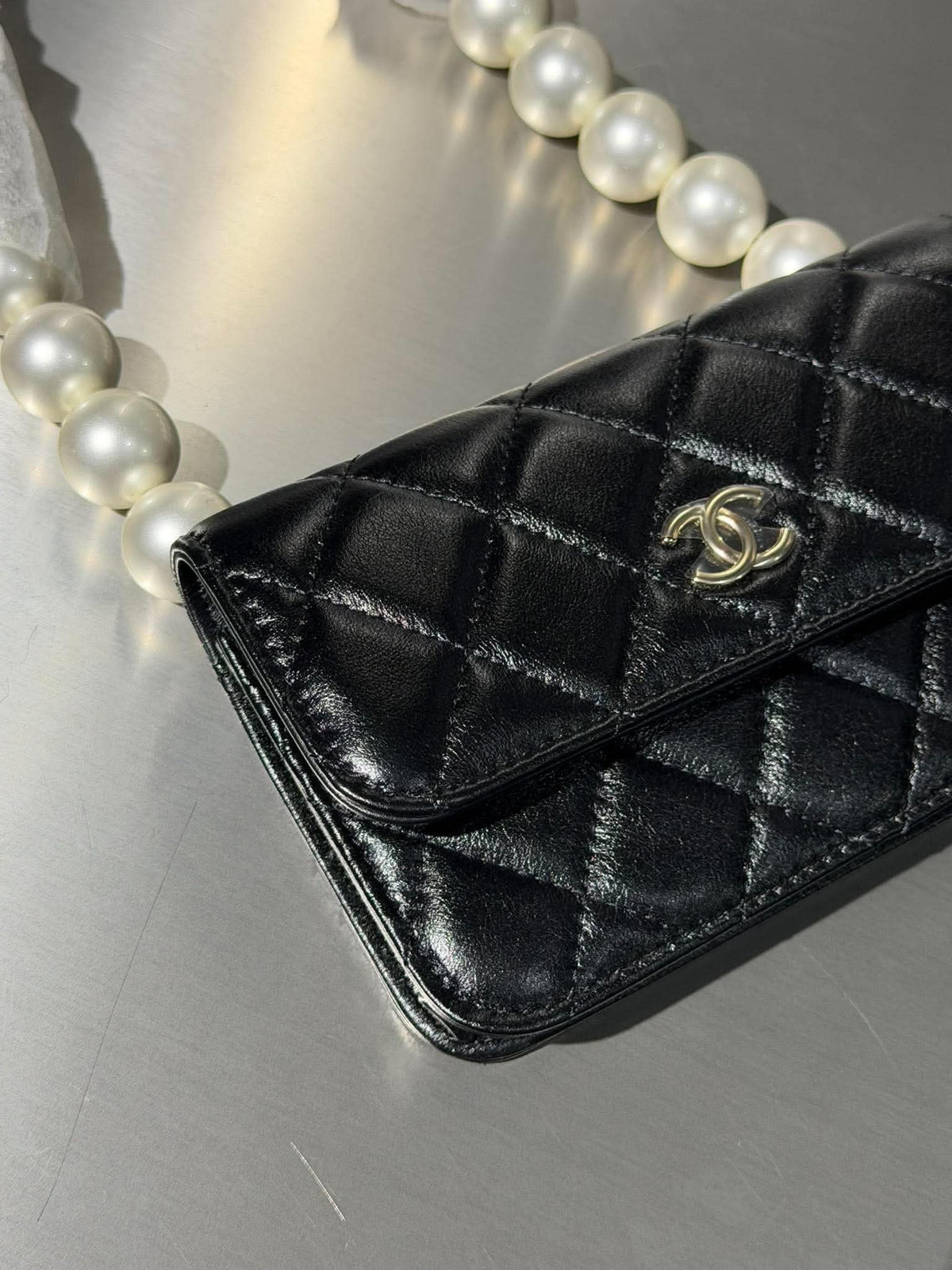 Chanel Black Quilted Maxi Pearls Wallet on Chain Bag