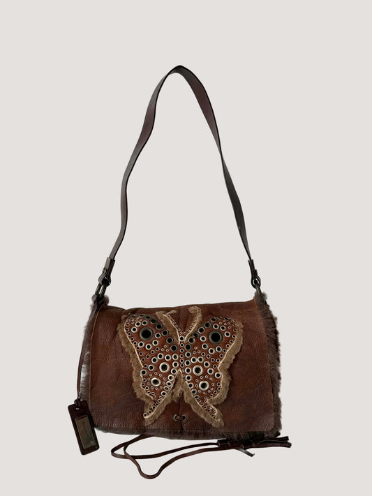 Dolce & Gabbana Brown Suede Butterfly Embellished Flap Bag