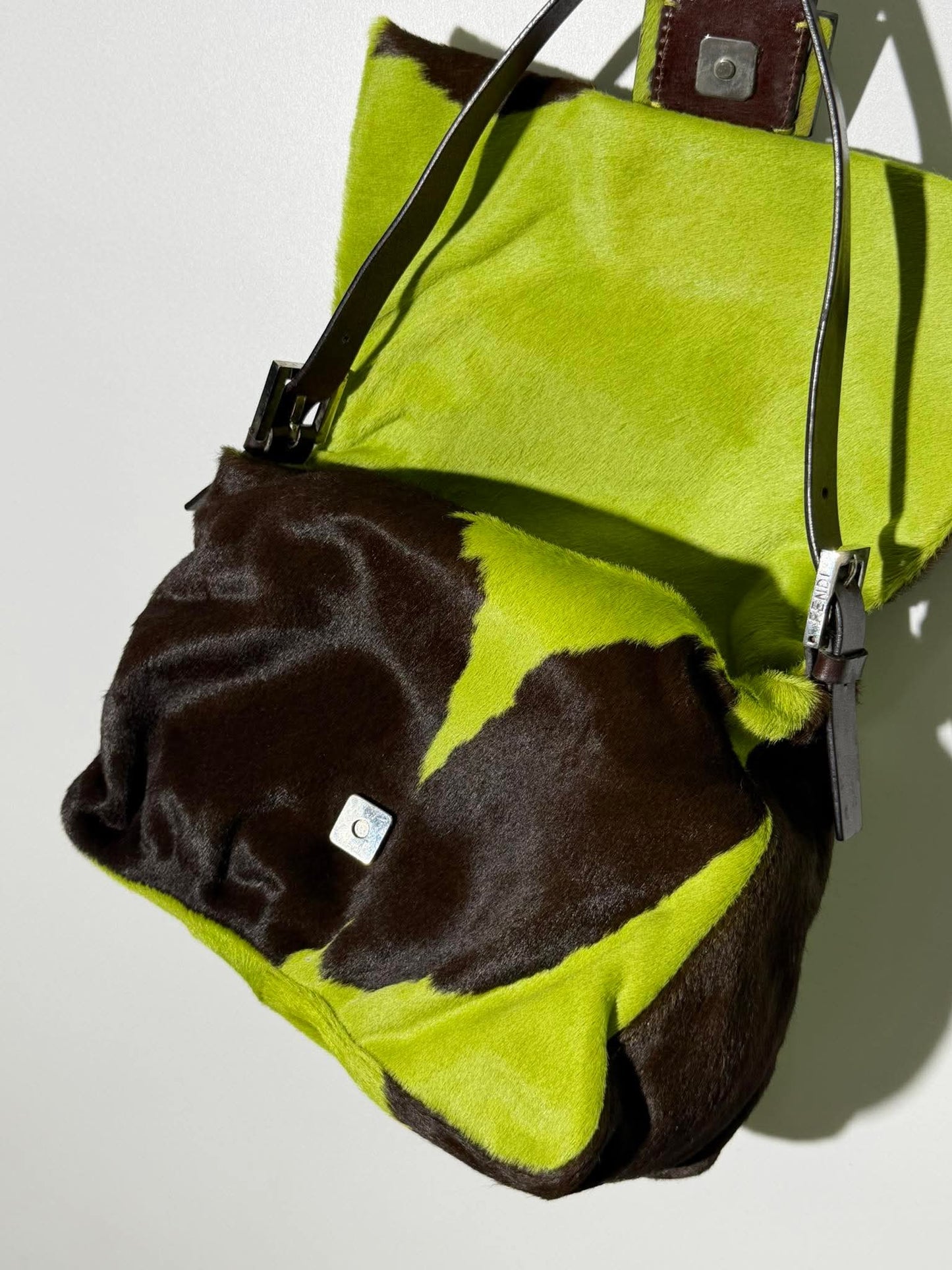 Vintage Fendi Ponyhair Mama Baguette Green/Brown Cow Print